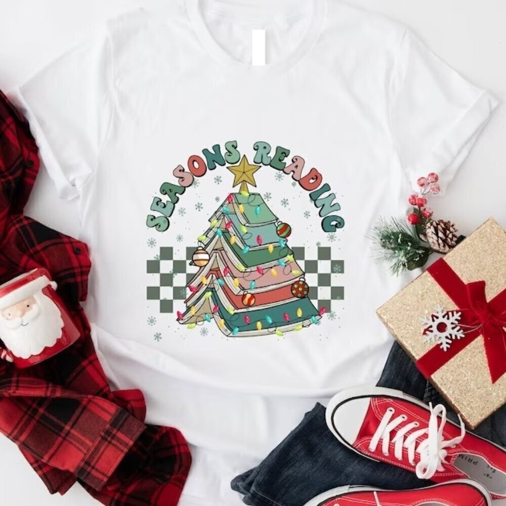 Christmas Seasons Reading Shirt Book Tree Graphic Tee Holiday Bookish Gift